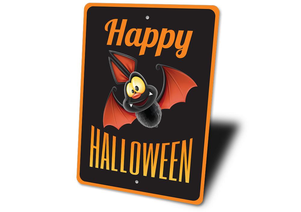 Happy Halloween Bat Sign made of aluminum, featuring a spooky bat design perfect for Halloween decorations.