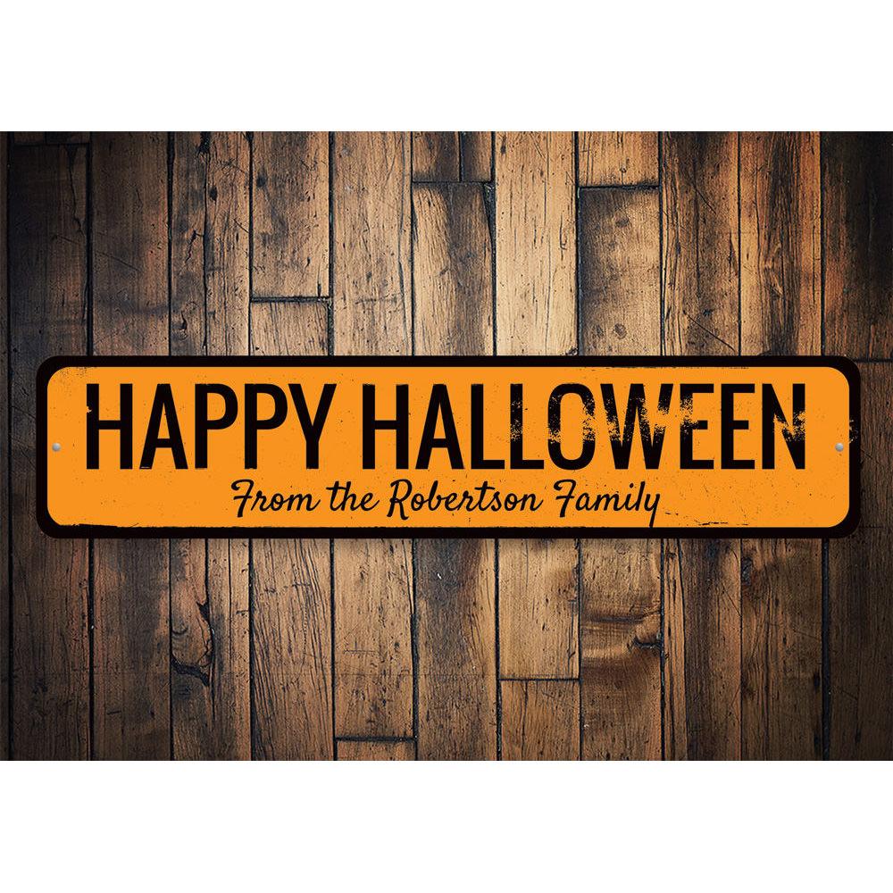 Customizable Happy Halloween Family Name Sign made of high-quality aluminum, perfect for Halloween decorations.