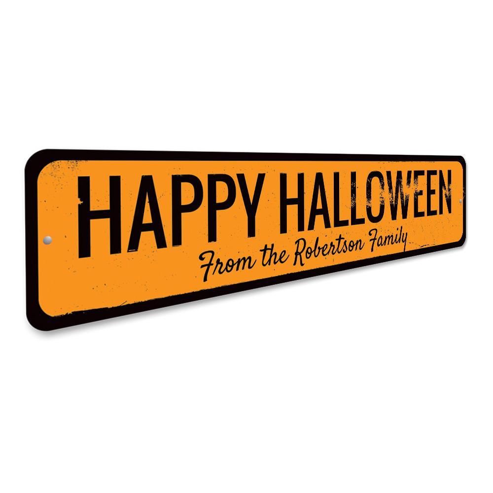 Customizable Happy Halloween Family Name Sign made of high-quality aluminum, perfect for Halloween decorations.