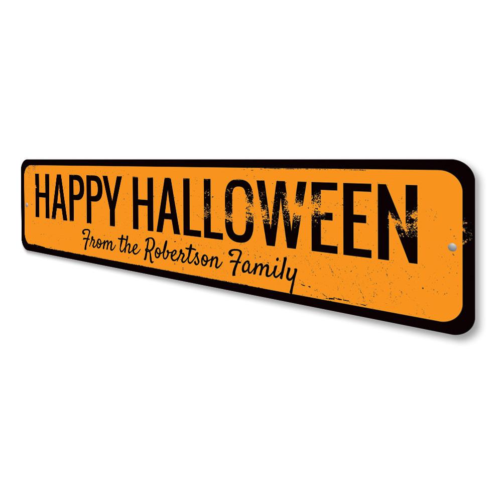 Customizable Happy Halloween Family Name Sign made of high-quality aluminum, perfect for Halloween decorations.