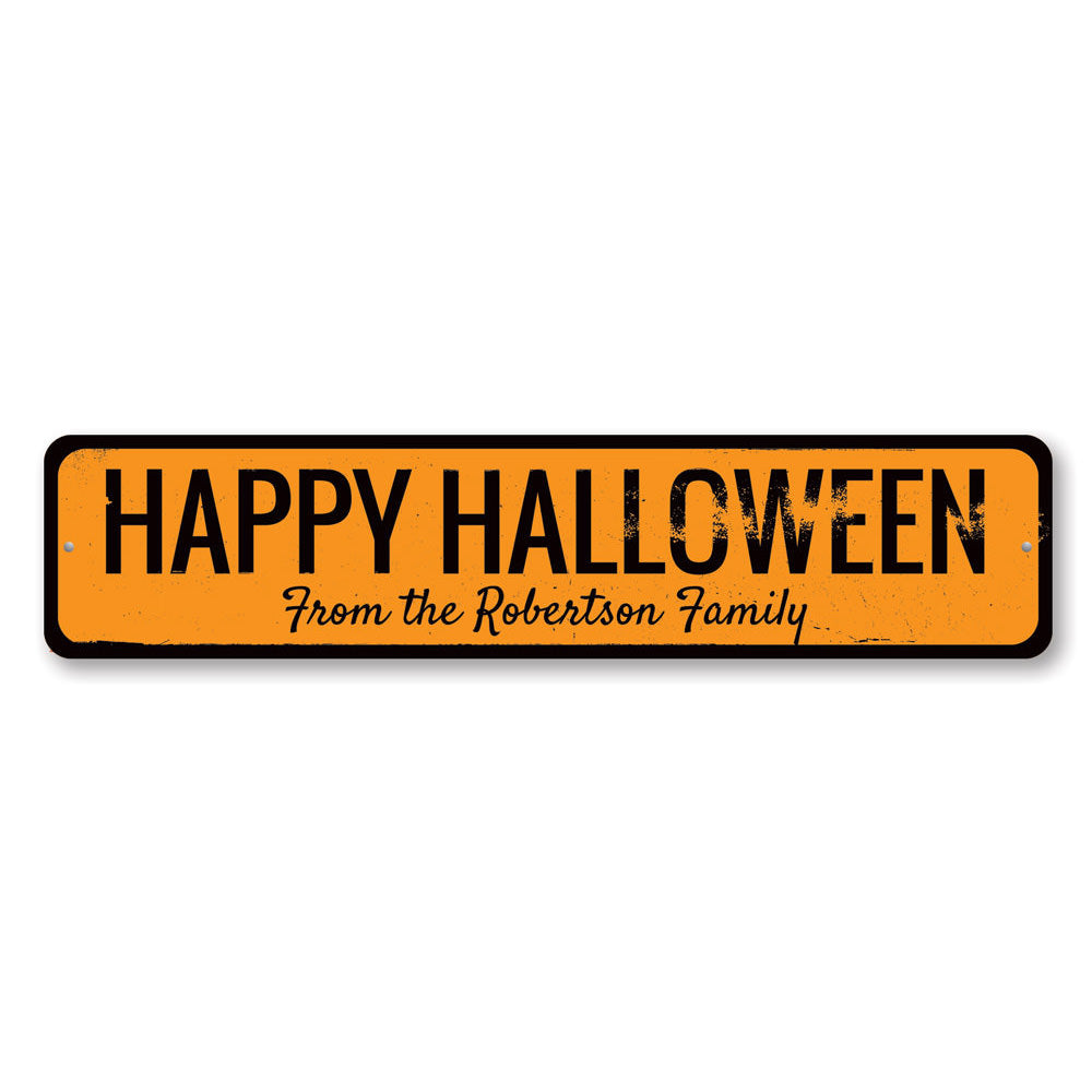 Customizable Happy Halloween Family Name Sign made of high-quality aluminum, perfect for Halloween decorations.