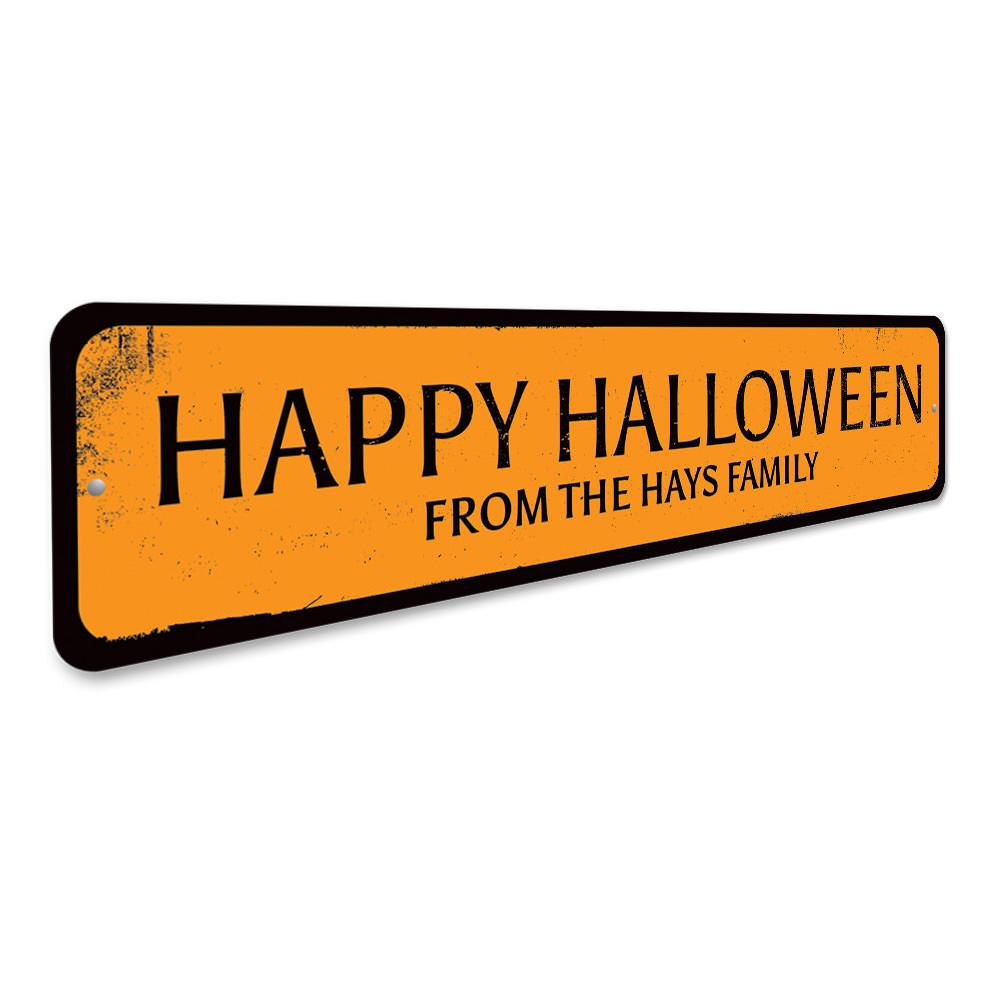 Happy Halloween Family Sign made of aluminum, featuring spooky designs perfect for Halloween decor.