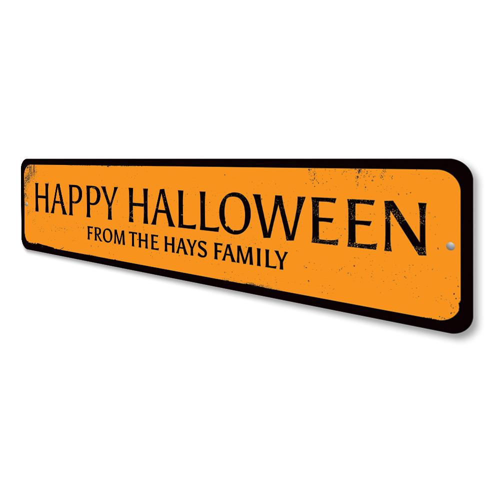 Happy Halloween Family Sign made of aluminum, featuring spooky designs perfect for Halloween decor.