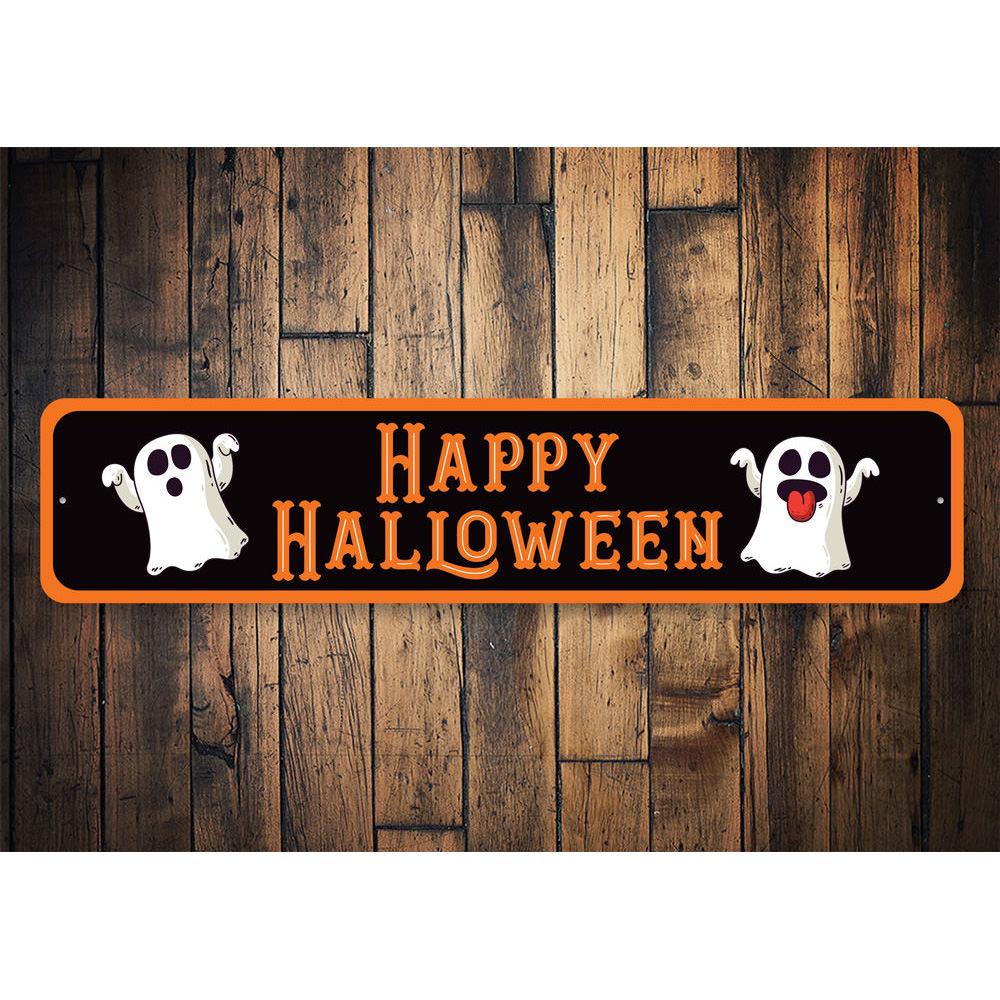 Happy Halloween Ghost Sign featuring spooky design, made of durable aluminum, perfect for Halloween decorations.