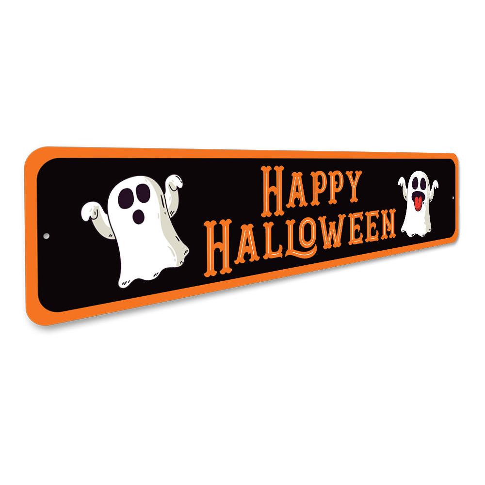 Happy Halloween Ghost Sign featuring spooky design, made of durable aluminum, perfect for Halloween decorations.