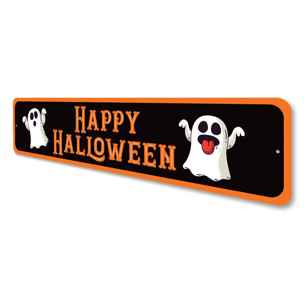 Happy Halloween Ghost Sign featuring spooky design, made of durable aluminum, perfect for Halloween decorations.