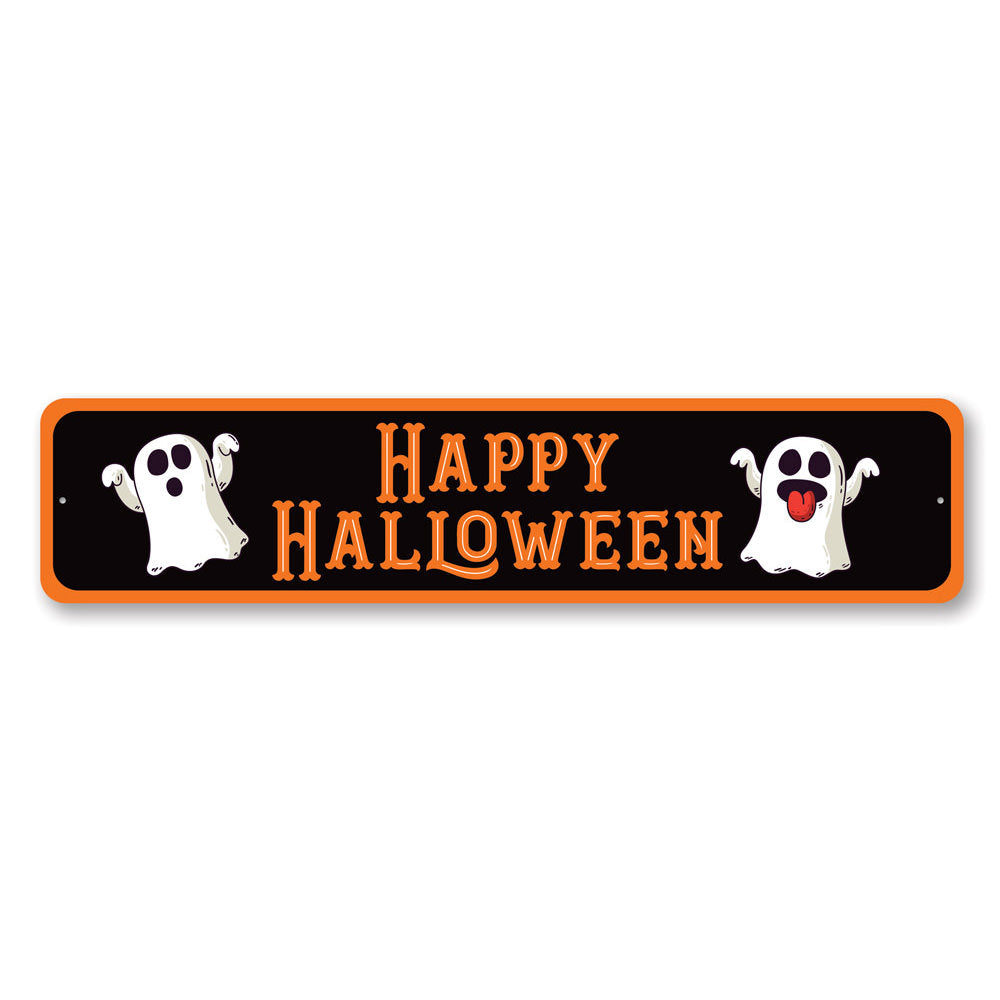 Happy Halloween Ghost Sign featuring spooky design, made of durable aluminum, perfect for Halloween decorations.