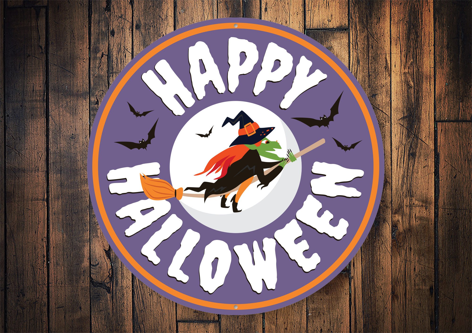 Happy Halloween Witch Sign made of quality aluminum, featuring a whimsical witch design perfect for Halloween decor.