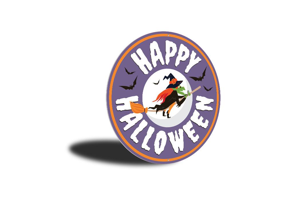 Happy Halloween Witch Sign made of quality aluminum, featuring a whimsical witch design perfect for Halloween decor.