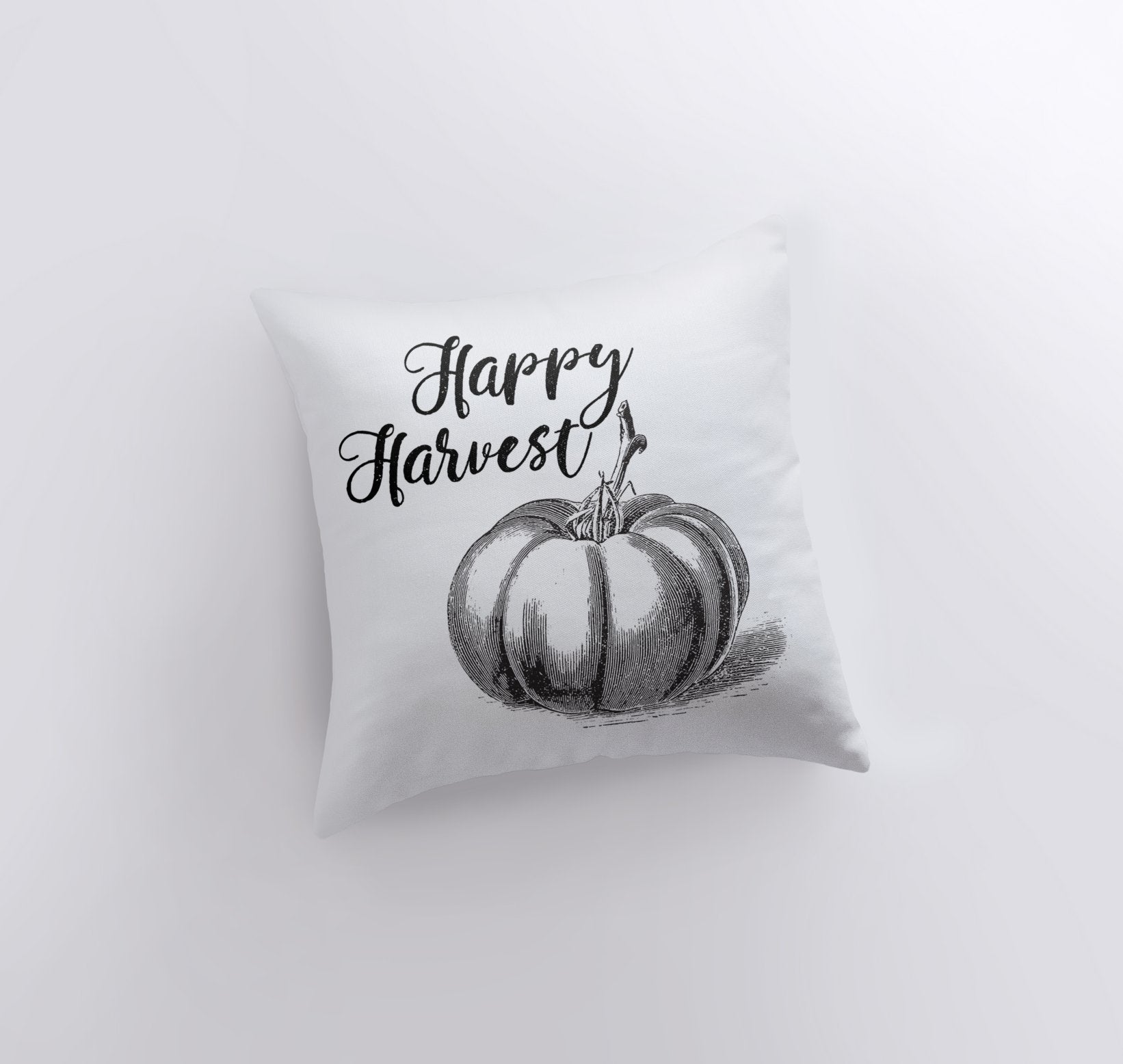 Happy Harvest pillow cover featuring a pencil-drawn pumpkin design in black cursive on a white background, perfect for modern farmhouse decor.