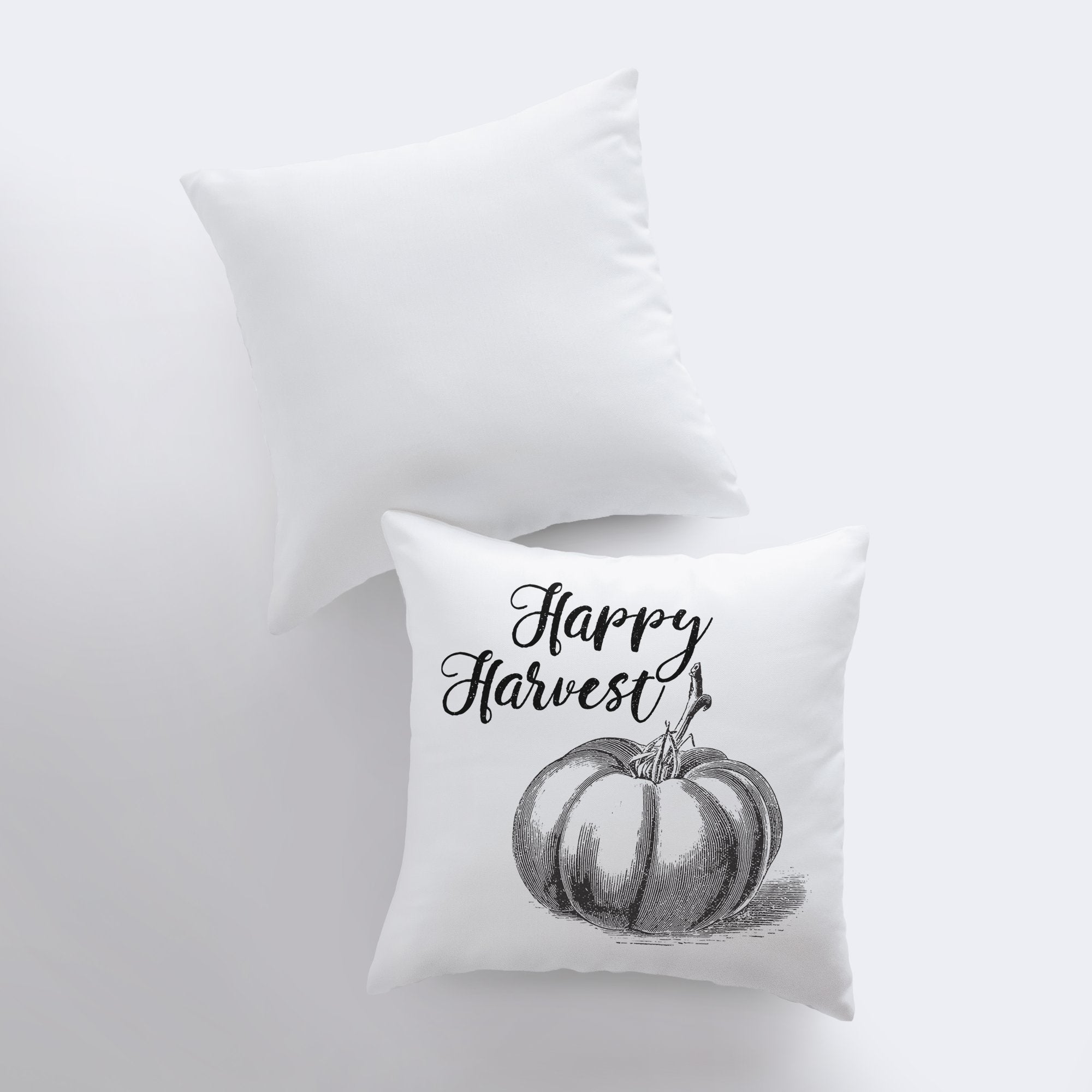 Happy Harvest pillow cover featuring a pencil-drawn pumpkin design in black cursive on a white background, perfect for modern farmhouse decor.