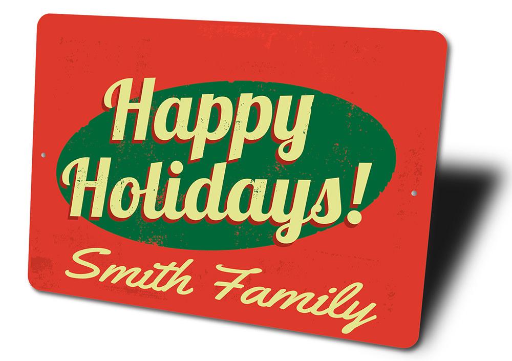 Happy Holidays Family Name Sign made of aluminum, featuring festive design for Christmas decorations.