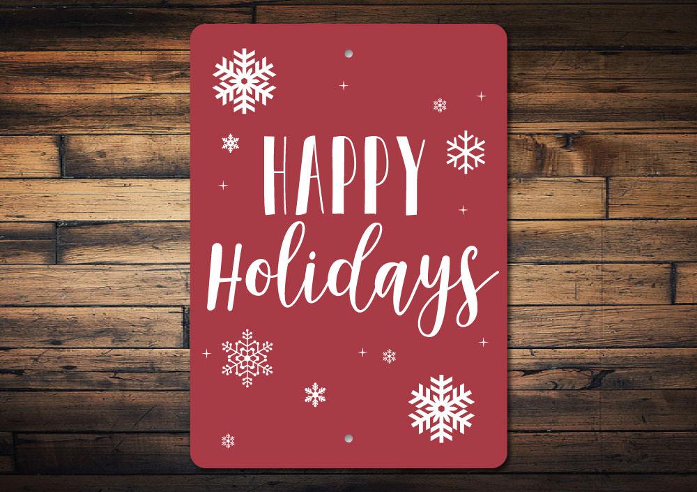 A festive Happy Holidays Sign made of high-quality aluminum, featuring vibrant colors and a charming design, perfect for lakehouse decor.