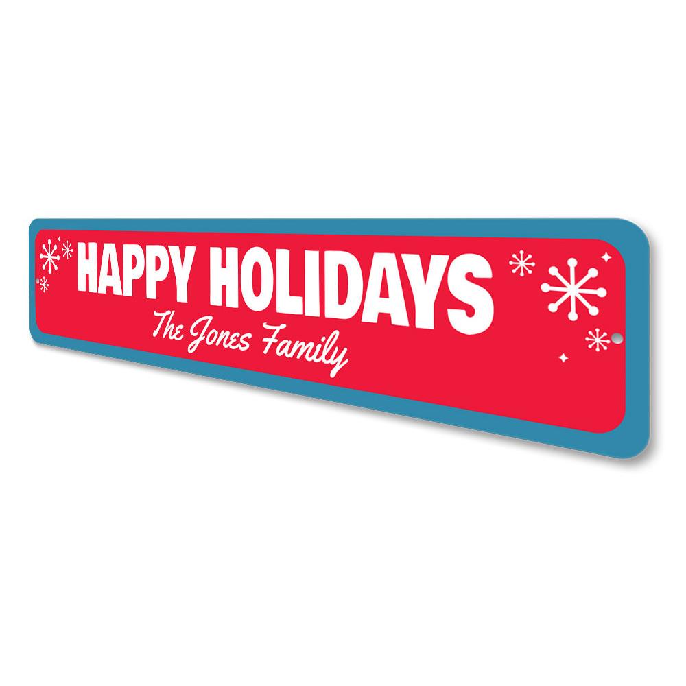 Happy Holidays Snowflake Sign featuring a unique snowflake design, made from high-quality aluminum, perfect for festive decor.