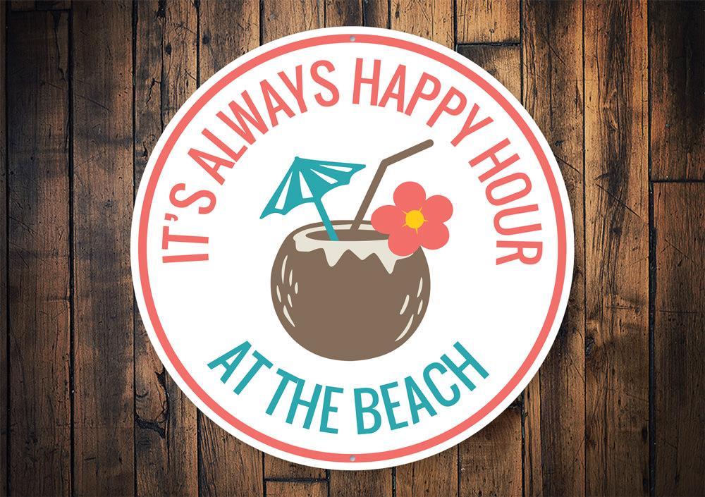 Happy Hour Beach Sign made of high-quality aluminum, featuring vibrant colors and a fun beach-themed design, perfect for home decor.