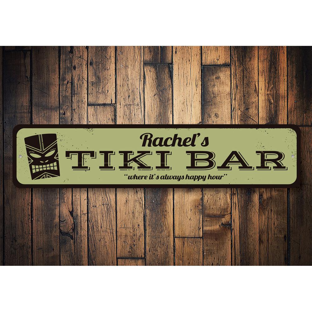 Happy Hour Tiki Bar Sign made of durable aluminum, featuring vibrant colors and customizable text options, perfect for home or bar decor.