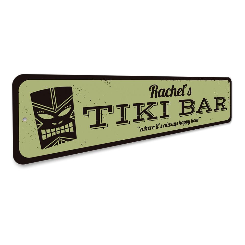 Happy Hour Tiki Bar Sign made of durable aluminum, featuring vibrant colors and customizable text options, perfect for home or bar decor.