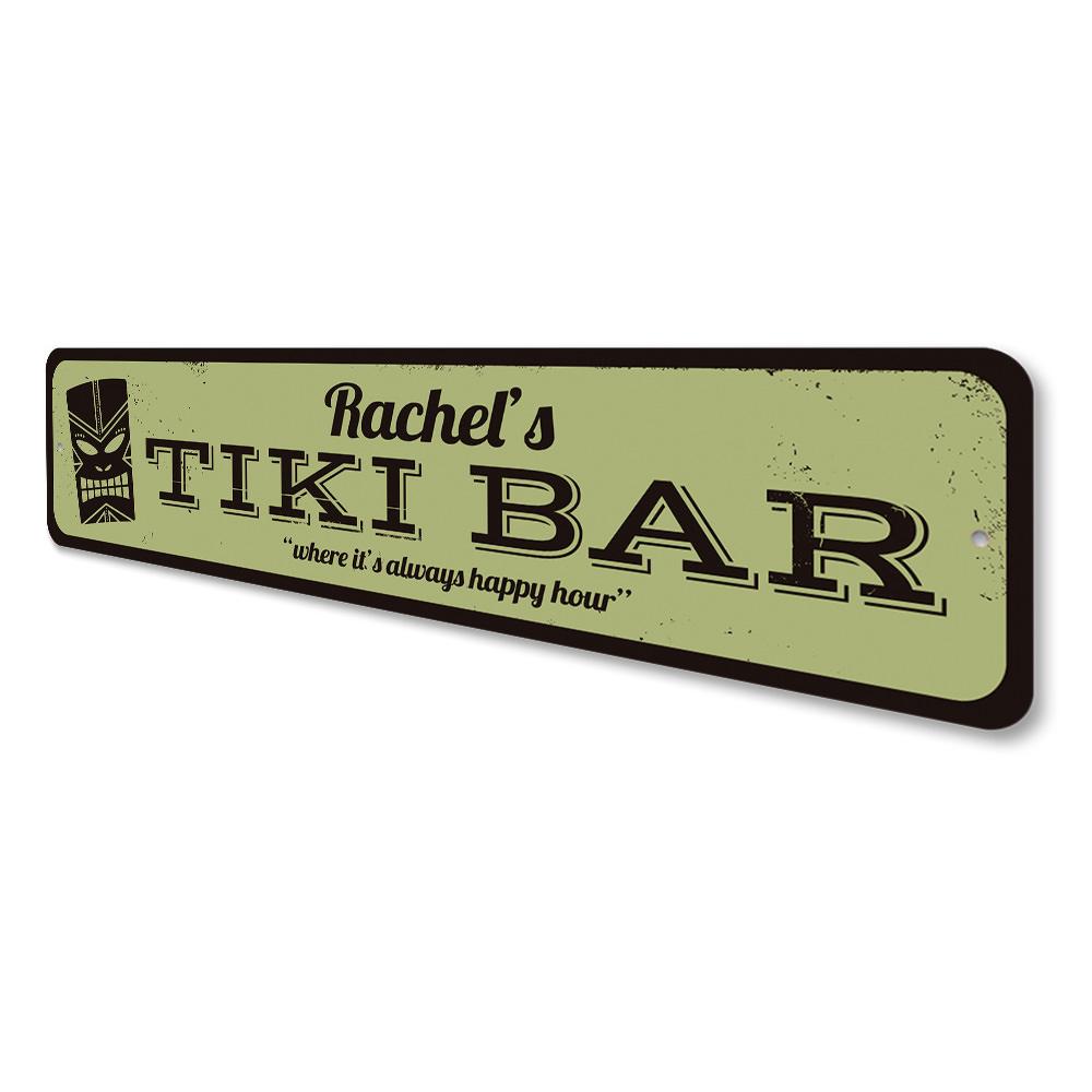 Happy Hour Tiki Bar Sign made of durable aluminum, featuring vibrant colors and customizable text options, perfect for home or bar decor.