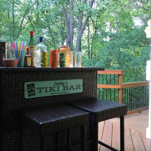 Happy Hour Tiki Bar Sign made of durable aluminum, featuring vibrant colors and customizable text options, perfect for home or bar decor.