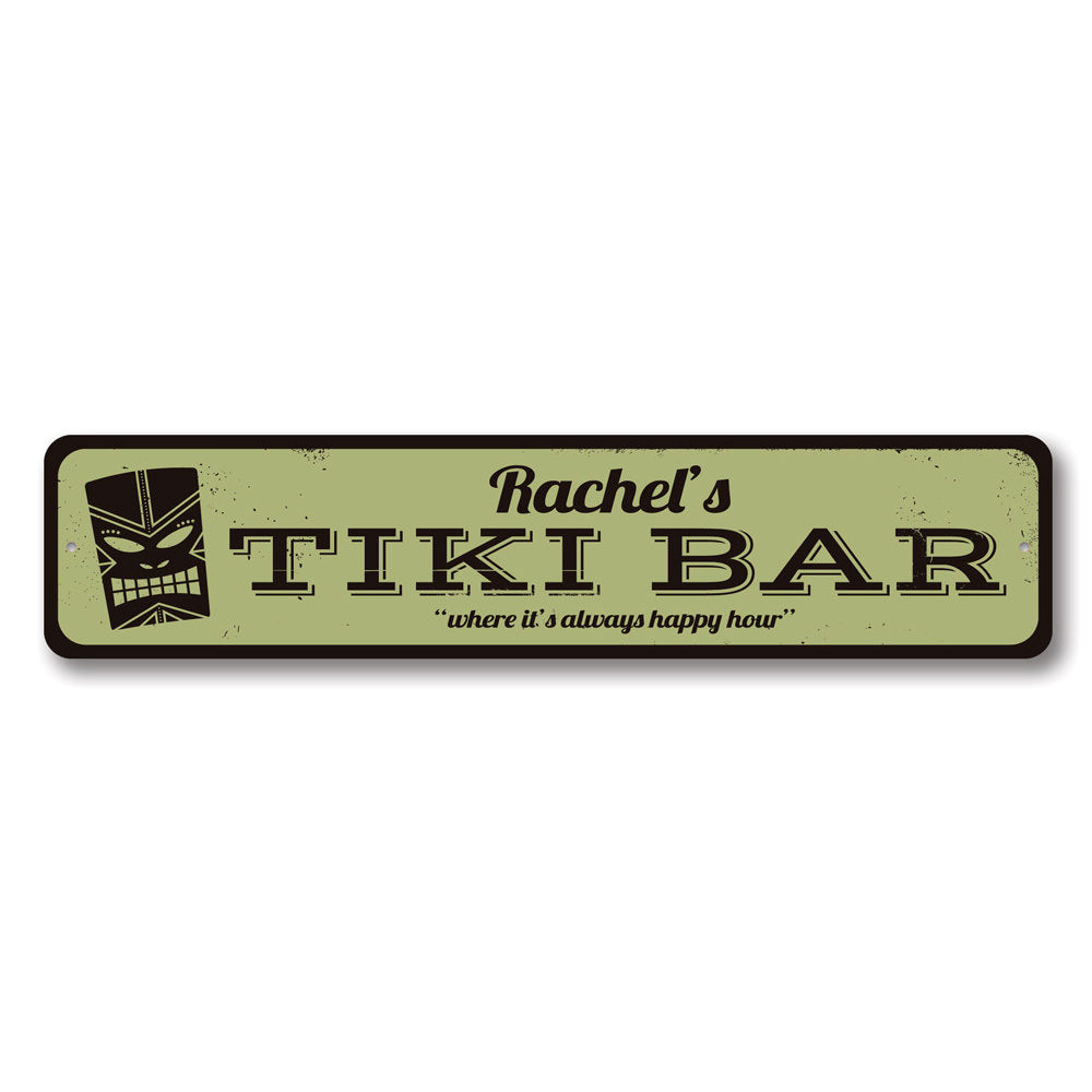 Happy Hour Tiki Bar Sign made of durable aluminum, featuring vibrant colors and customizable text options, perfect for home or bar decor.