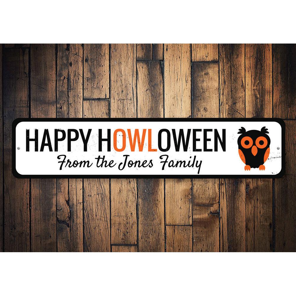 Happy HOWLoween Sign made of durable aluminum, featuring spooky Halloween-themed design, perfect for indoor and outdoor decoration.