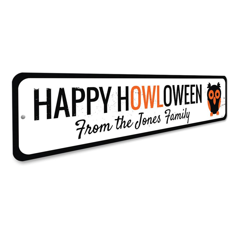 Happy HOWLoween Sign made of durable aluminum, featuring spooky Halloween-themed design, perfect for indoor and outdoor decoration.