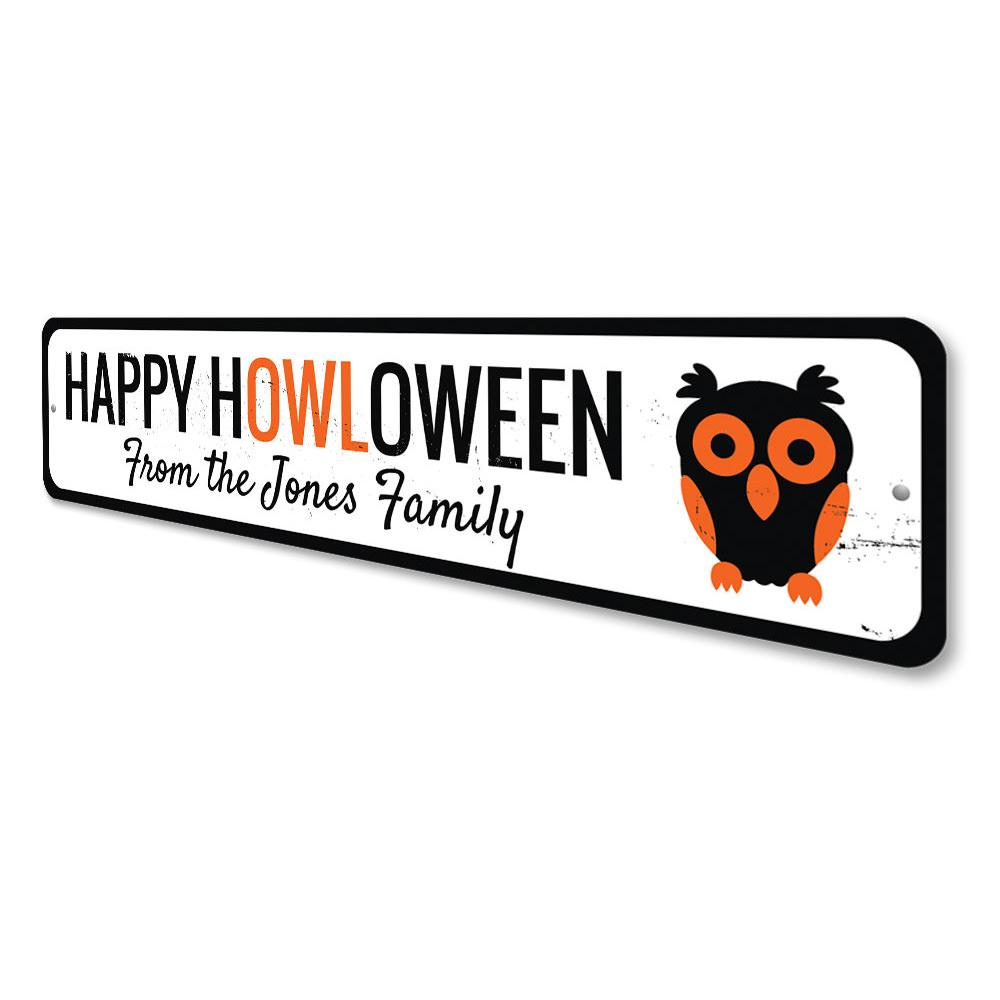 Happy HOWLoween Sign made of durable aluminum, featuring spooky Halloween-themed design, perfect for indoor and outdoor decoration.