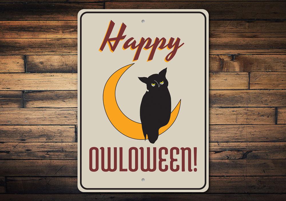 Happy Owloween Sign featuring a whimsical owl design, made from durable aluminum, perfect for Halloween decorations.