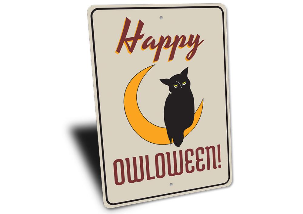 Happy Owloween Sign featuring a whimsical owl design, made from durable aluminum, perfect for Halloween decorations.