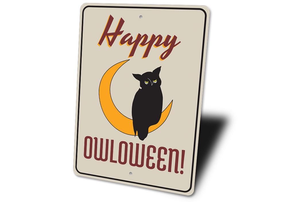 Happy Owloween Sign featuring a whimsical owl design, made from durable aluminum, perfect for Halloween decorations.