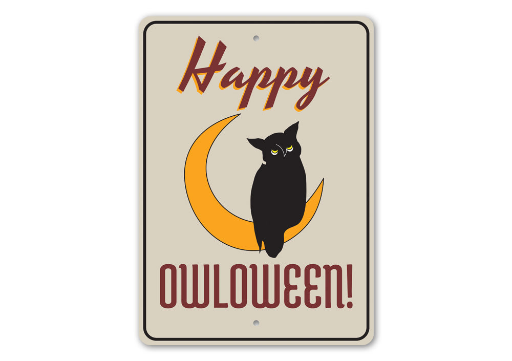 Happy Owloween Sign featuring a whimsical owl design, made from durable aluminum, perfect for Halloween decorations.