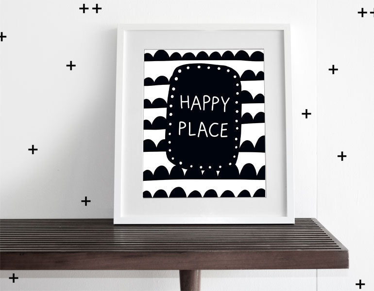 Happy Place Wall Art featuring modern design for nursery decor, printed on heavyweight high-gloss paper with a white matte.