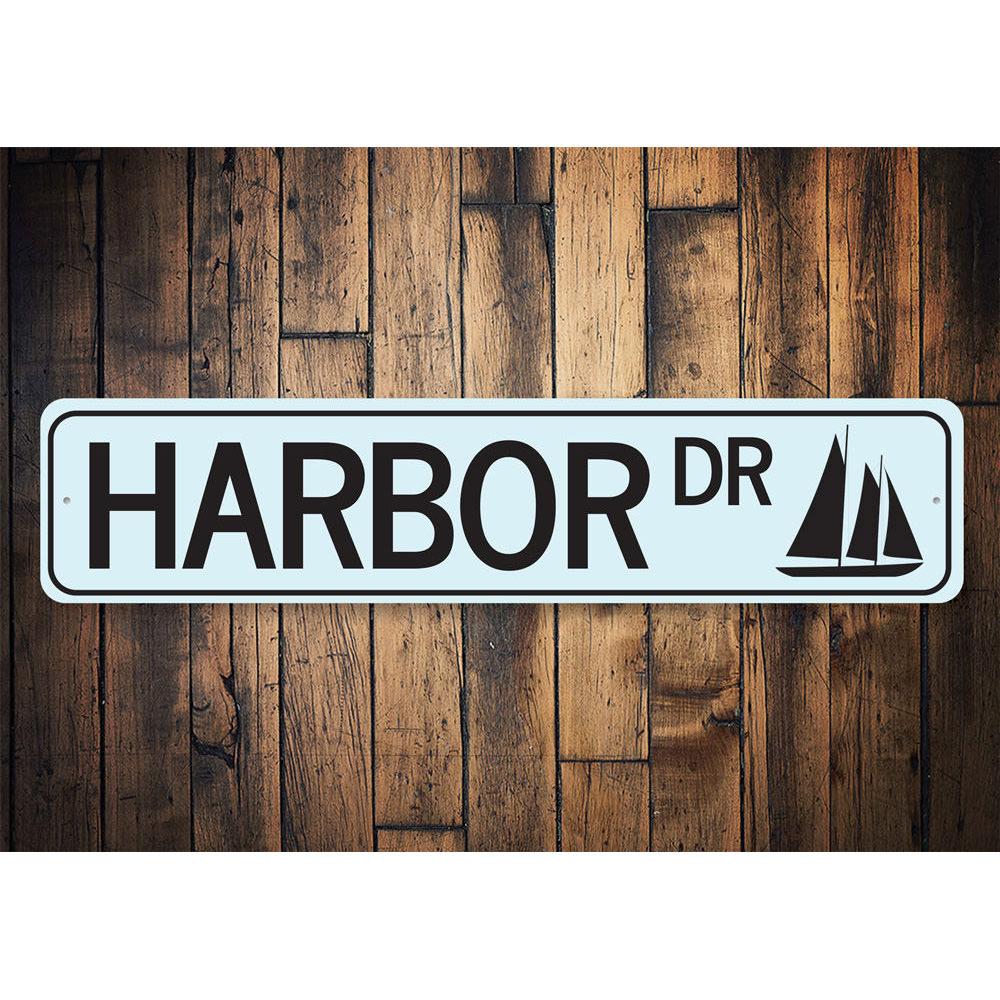 Harbor Drive Sign made of aluminum, featuring customizable text and a beach-themed design, perfect for coastal decor.