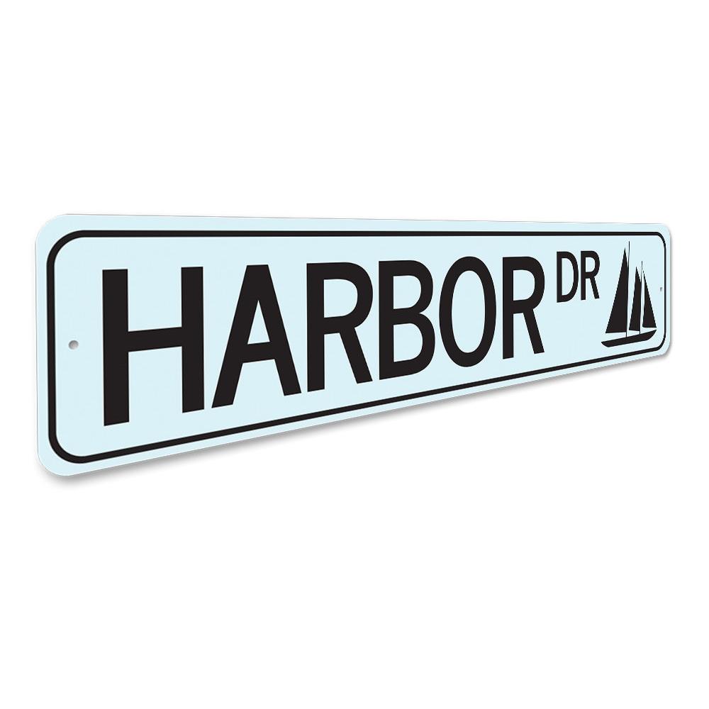 Harbor Drive Sign made of aluminum, featuring customizable text and a beach-themed design, perfect for coastal decor.