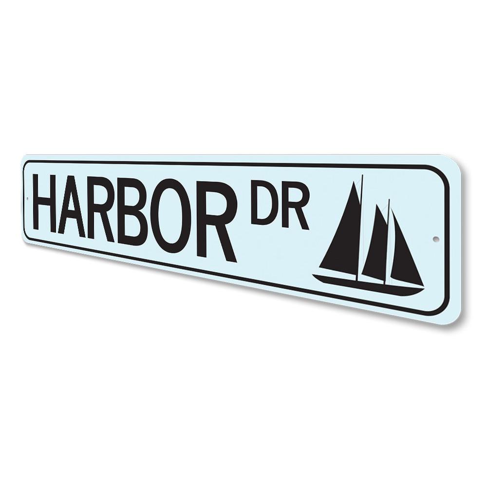 Harbor Drive Sign made of aluminum, featuring customizable text and a beach-themed design, perfect for coastal decor.