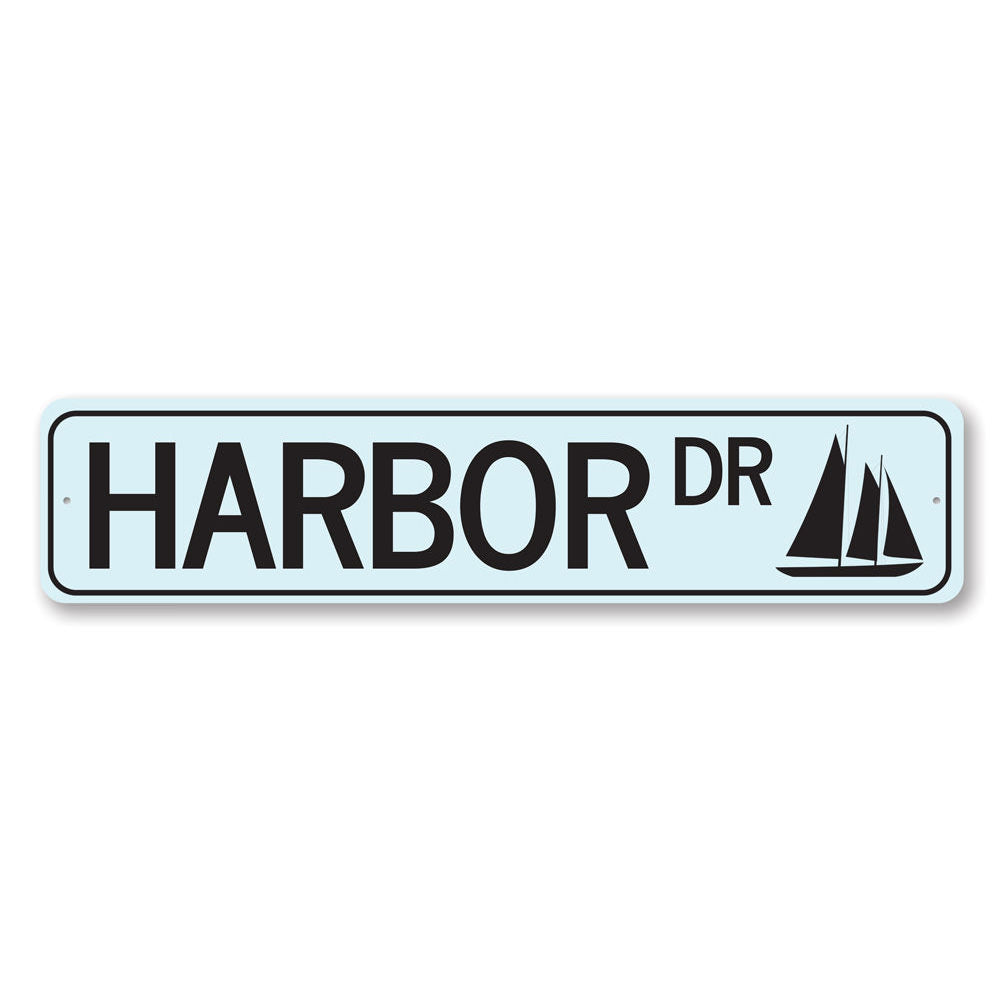 Harbor Drive Sign made of aluminum, featuring customizable text and a beach-themed design, perfect for coastal decor.