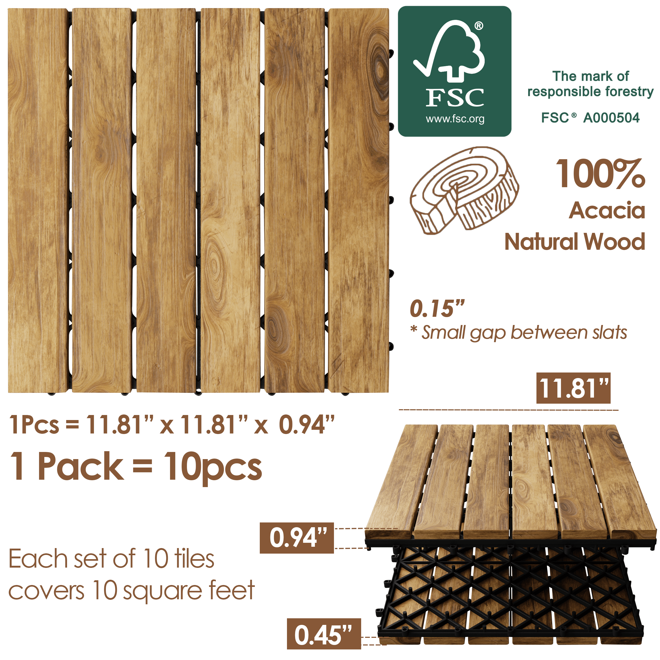 Hardwood interlocking patio deck tiles made from solid acacia wood, showcasing a natural wood grain finish and non-slip rubber feet.