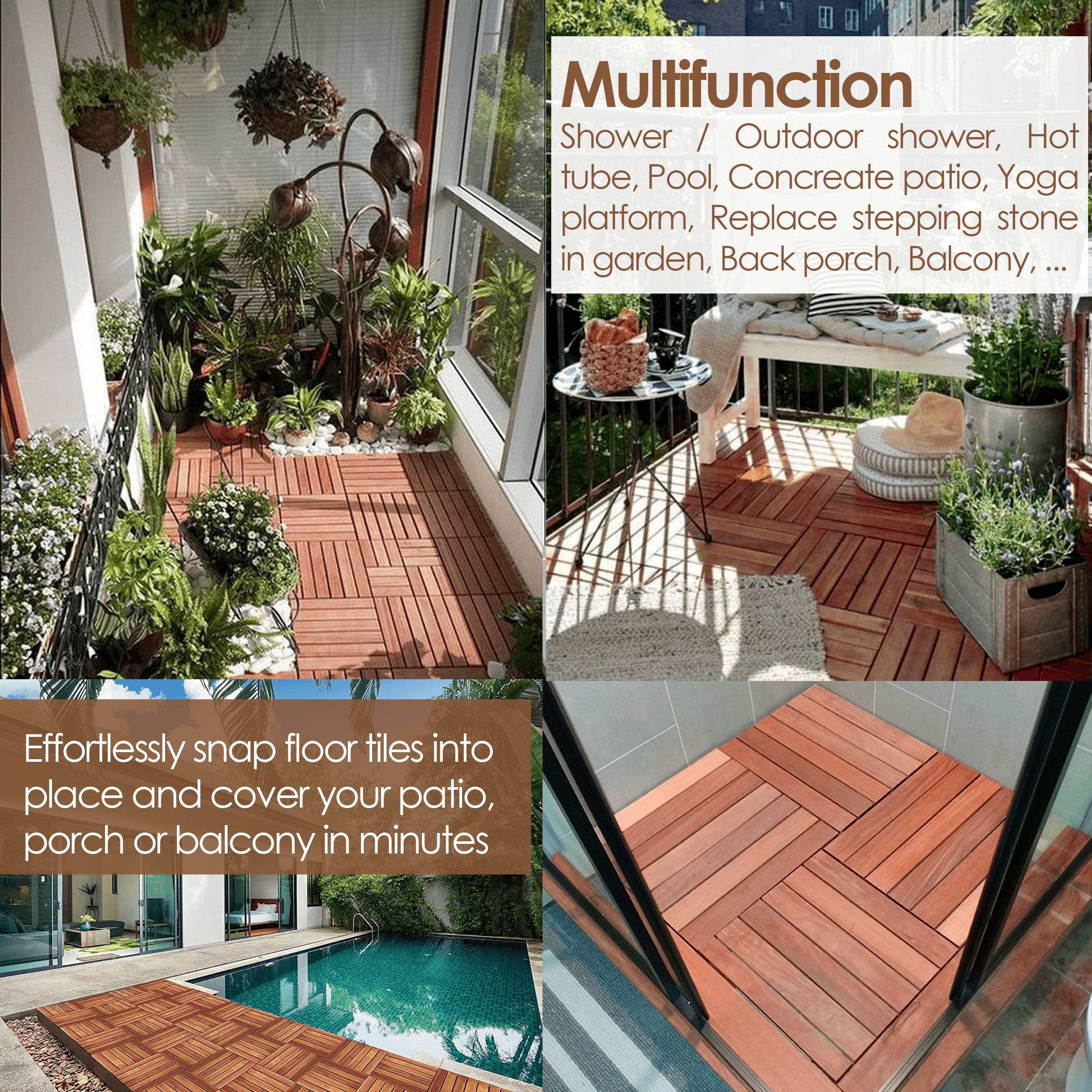 Hardwood interlocking patio deck tiles made from solid acacia wood, showcasing a natural wood grain finish and non-slip rubber feet.