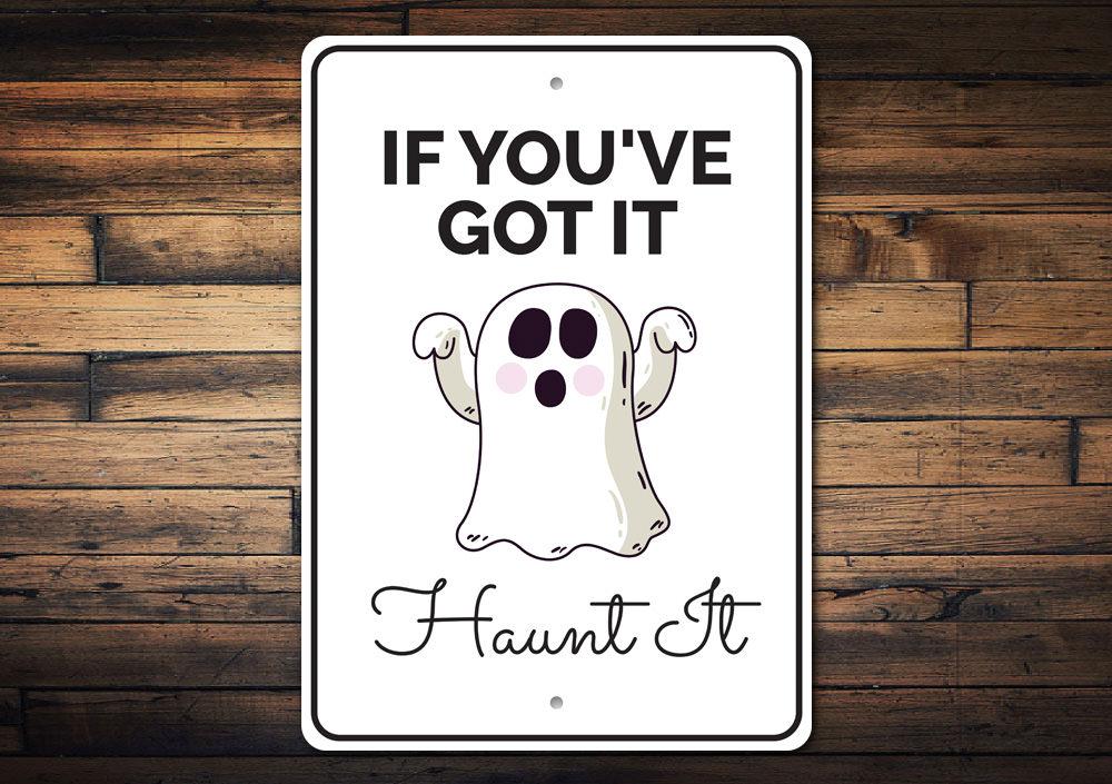 Haunt It Sign featuring spooky Halloween design, made from high-quality aluminum, perfect for indoor and outdoor decoration.