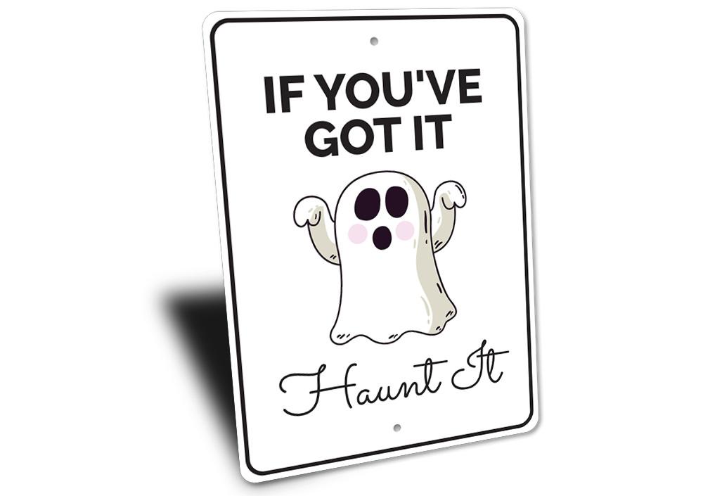 Haunt It Sign featuring spooky Halloween design, made from high-quality aluminum, perfect for indoor and outdoor decoration.