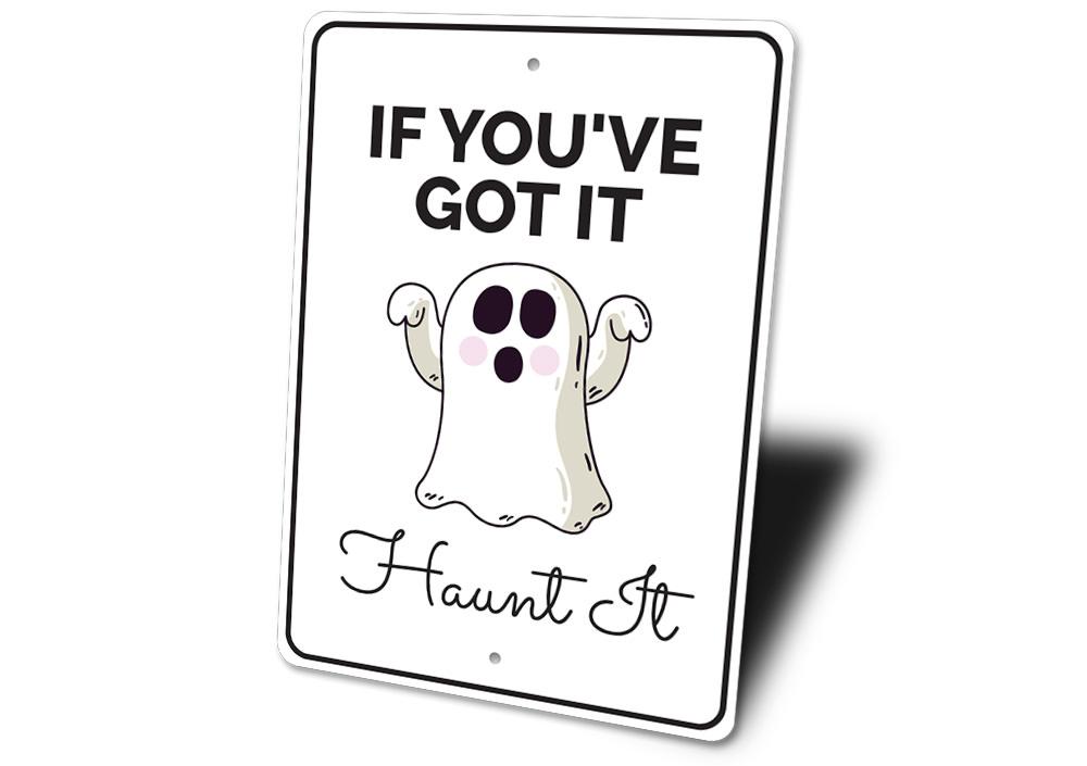 Haunt It Sign featuring spooky Halloween design, made from high-quality aluminum, perfect for indoor and outdoor decoration.