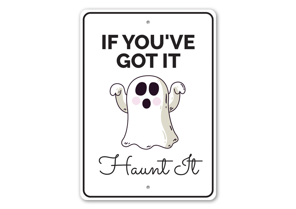 Haunt It Sign featuring spooky Halloween design, made from high-quality aluminum, perfect for indoor and outdoor decoration.