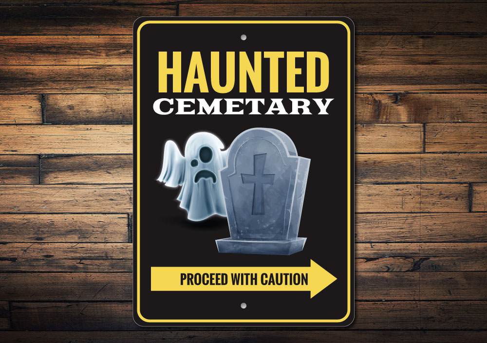 Haunted Cemetery Sign featuring spooky design, made from durable aluminum, perfect for Halloween decorations.