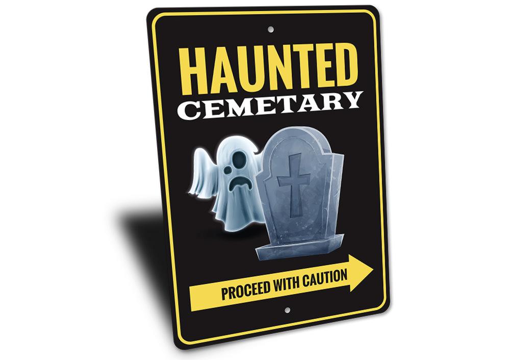 Haunted Cemetery Sign featuring spooky design, made from durable aluminum, perfect for Halloween decorations.