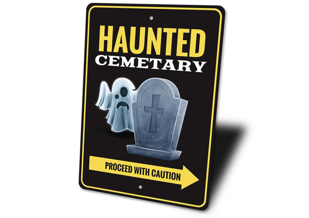 Haunted Cemetery Sign featuring spooky design, made from durable aluminum, perfect for Halloween decorations.