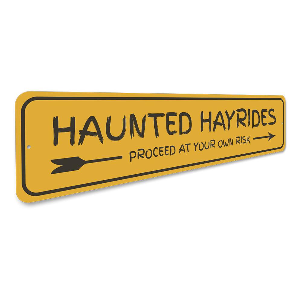 Haunted Hayrides Arrow Sign featuring spooky design, made of durable aluminum, perfect for Halloween decor.