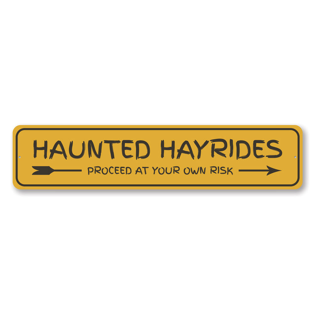 Haunted Hayrides Arrow Sign featuring spooky design, made of durable aluminum, perfect for Halloween decor.