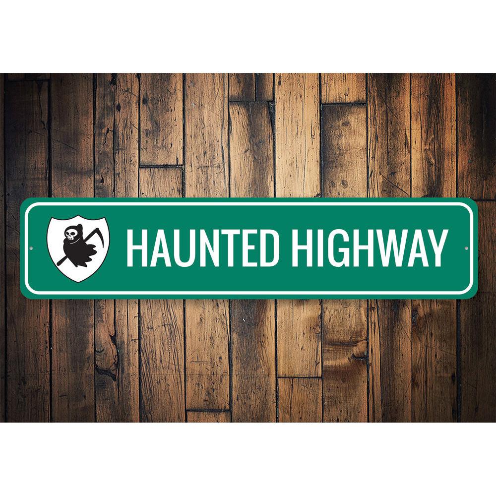 A spooky Haunted Highway Sign made of durable aluminum, featuring eerie graphics perfect for Halloween decor.