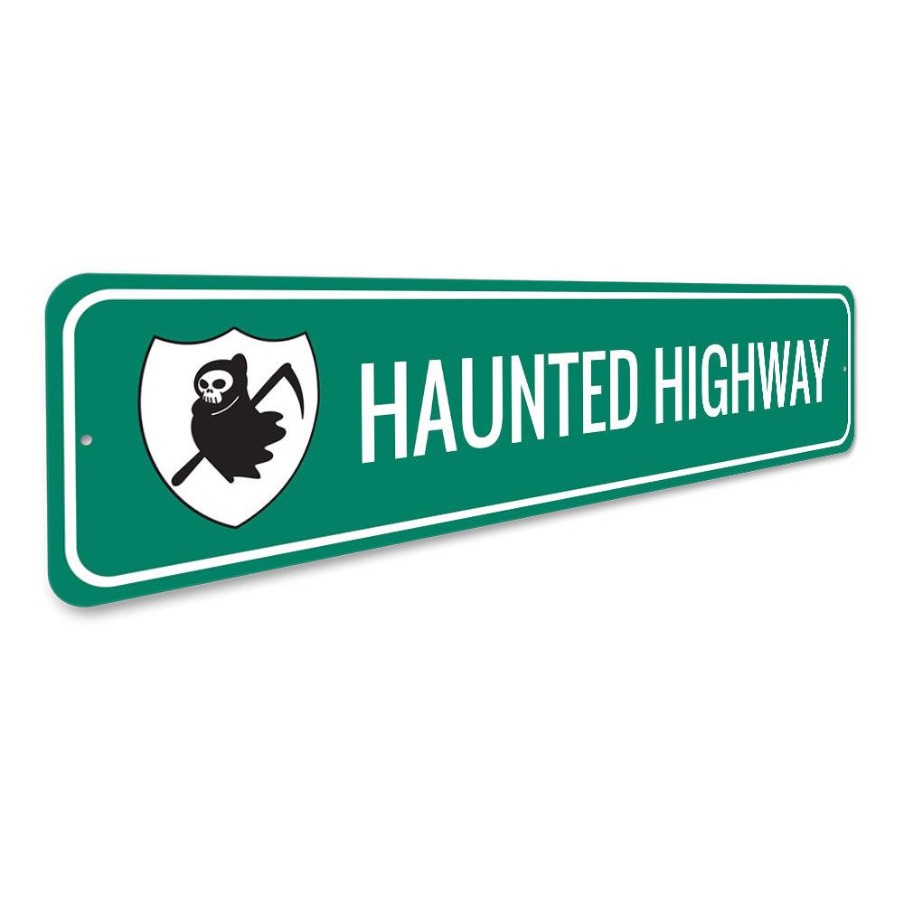 A spooky Haunted Highway Sign made of durable aluminum, featuring eerie graphics perfect for Halloween decor.