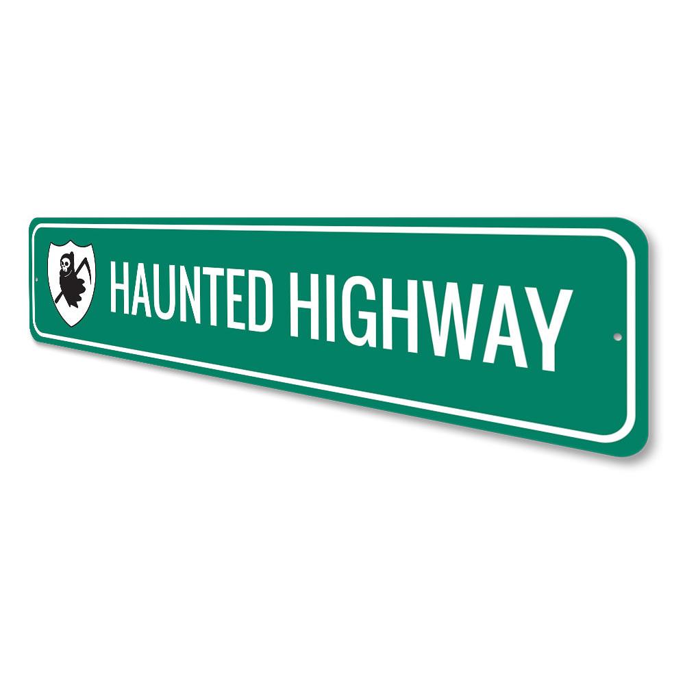 A spooky Haunted Highway Sign made of durable aluminum, featuring eerie graphics perfect for Halloween decor.